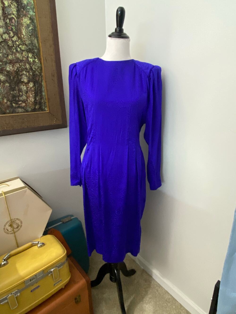 Vintage Argenti Purple 100% Silk Jacquard Dress Sz 10 80s Shoulder Pads